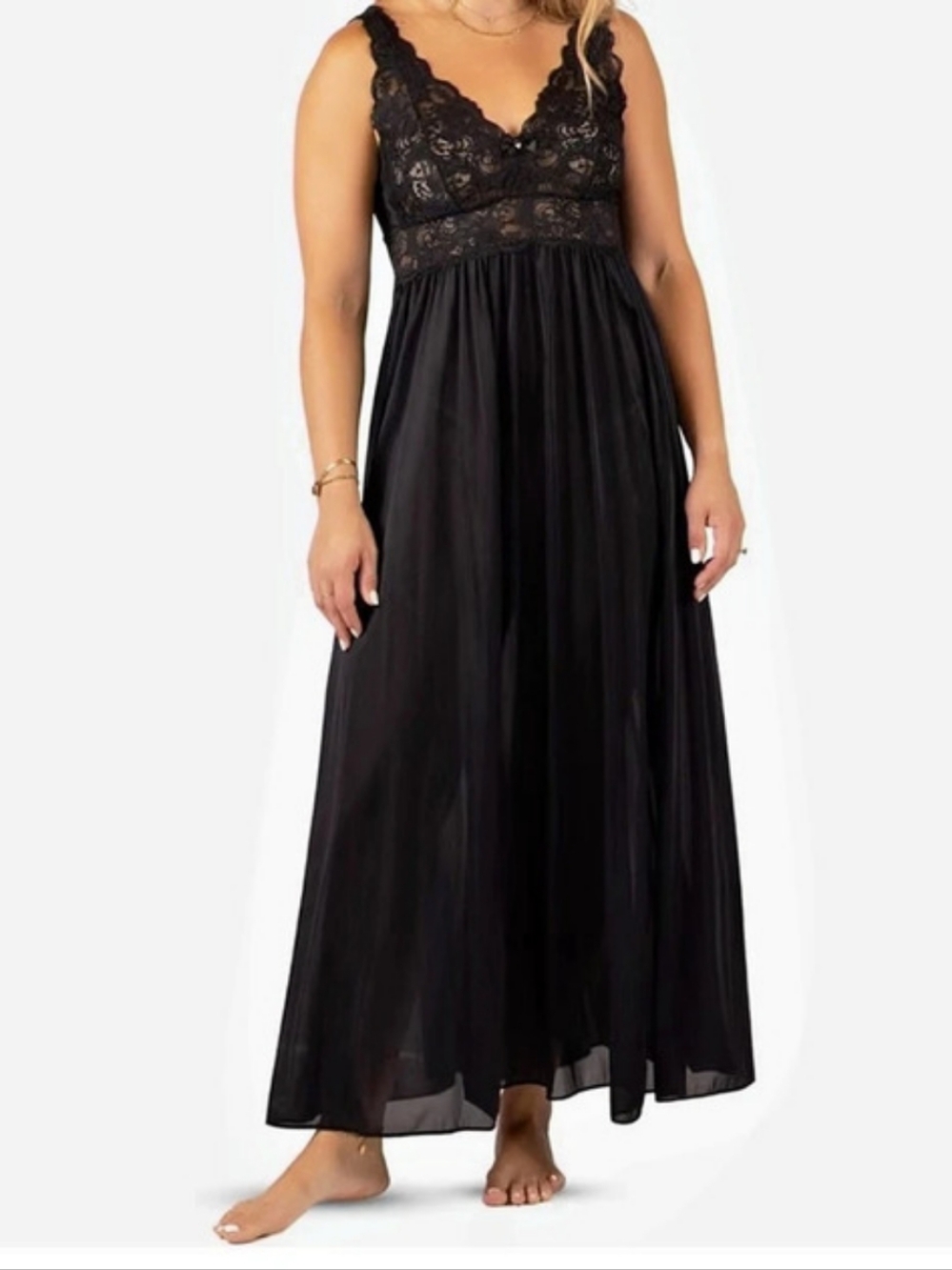 Shadowline Silhouette Lace Bodice Long Nightgown Black Size Large